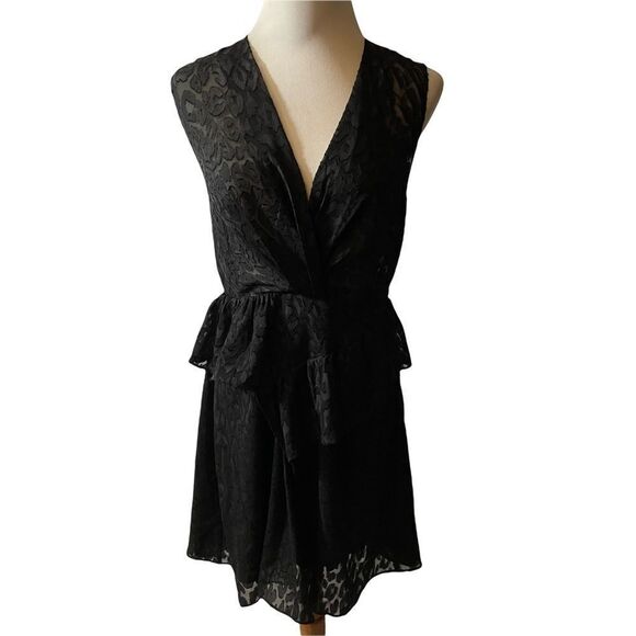 IRO Black Peplum Burnout Devore Leopard Pattern V Neck Dress - Size 2 - Picture 1 of 6
